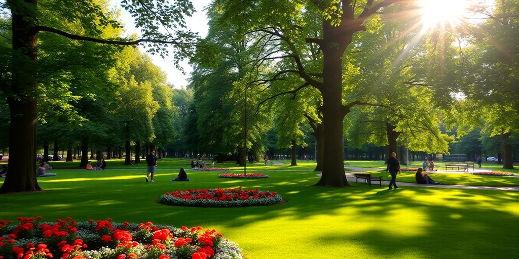 Grüner Park in Köln mit Blumen und Bäumen.