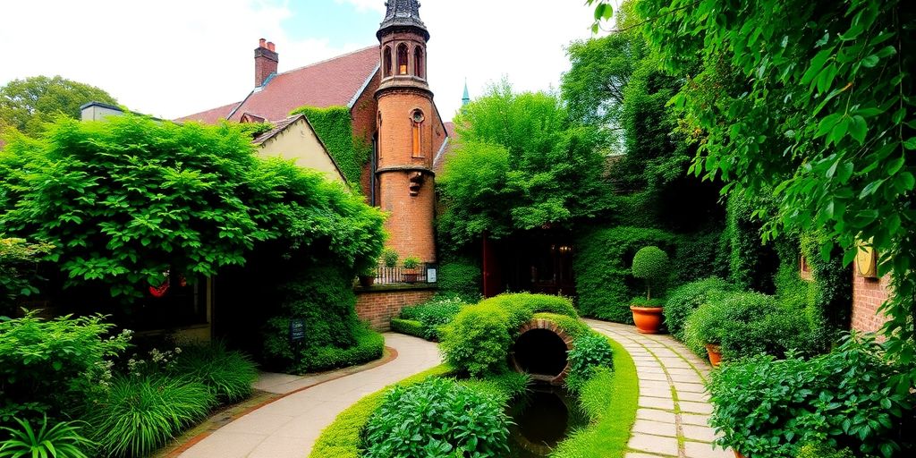 Versteckter Ort in Köln mit schöner Architektur und Grünflächen.