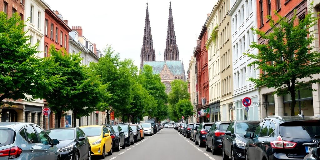 Parkende Autos in einer Straßenansicht von Köln.