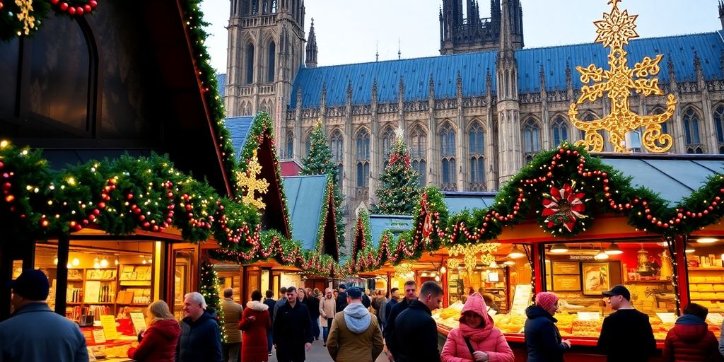 Weihnachtsmarkt in Köln mit Lichtern und festlichen Ständen.