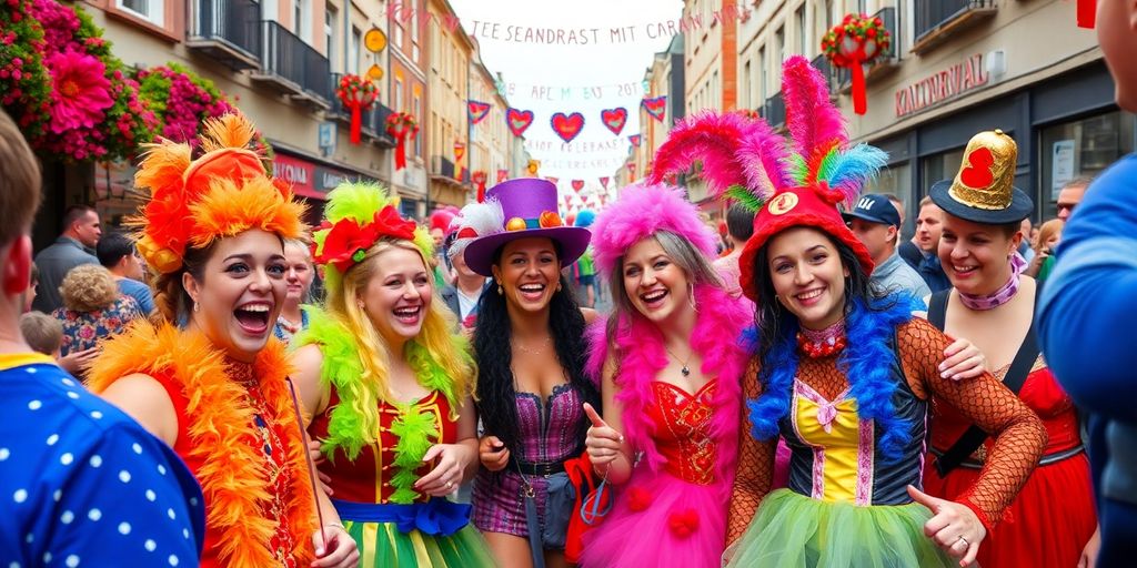 Bunte Kostüme und fröhliche Teilnehmer beim Kölner Karneval.