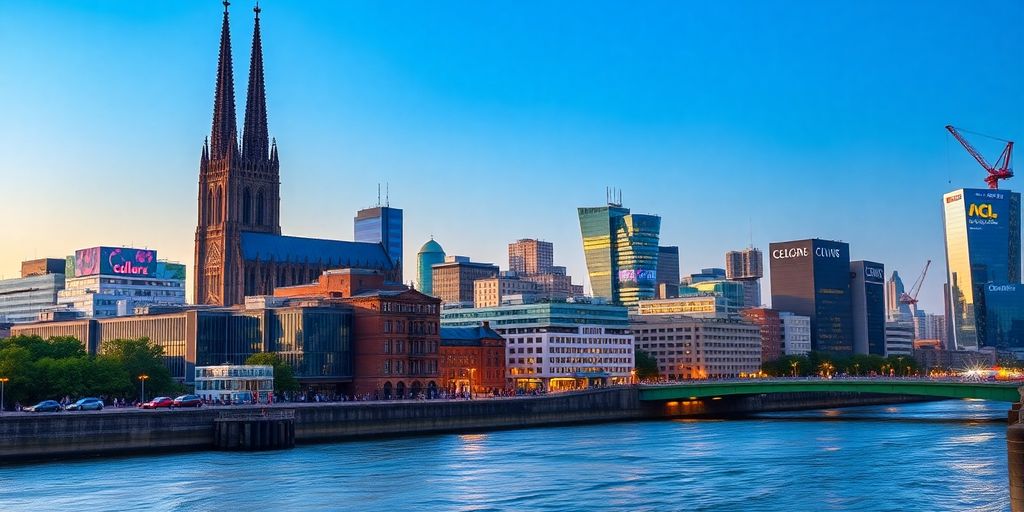 Kölner Skyline mit Dom und modernen Mediengebäuden.