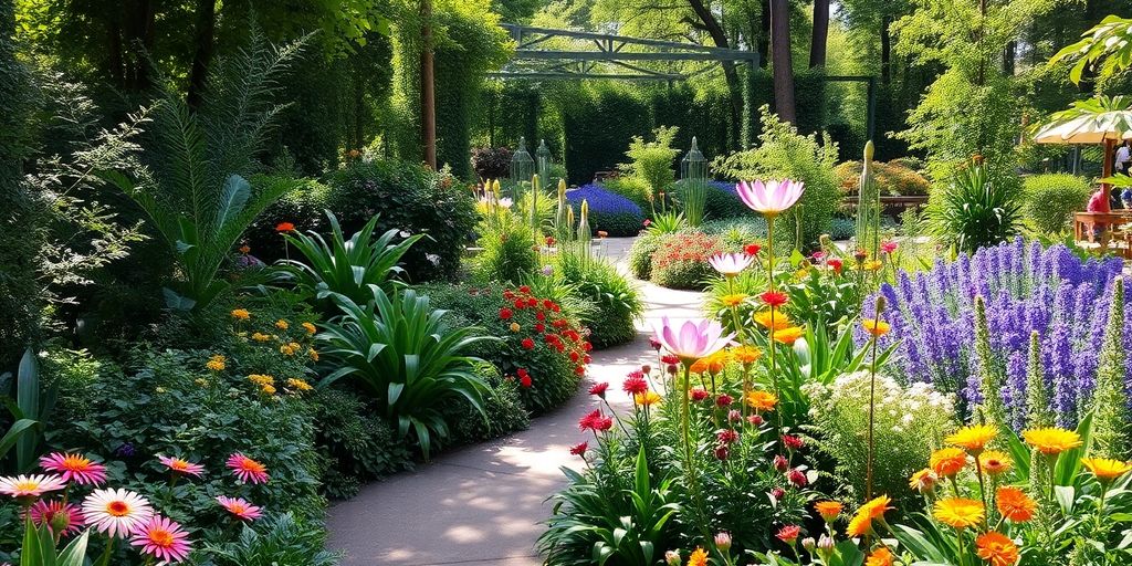 Bunte Blumen und grüne Pflanzen im botanischen Garten Köln.