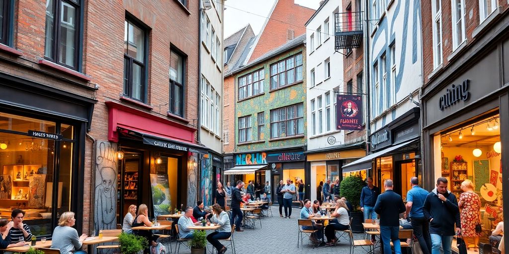 Bunte Straßenszene im Belgischen Viertel, Köln.