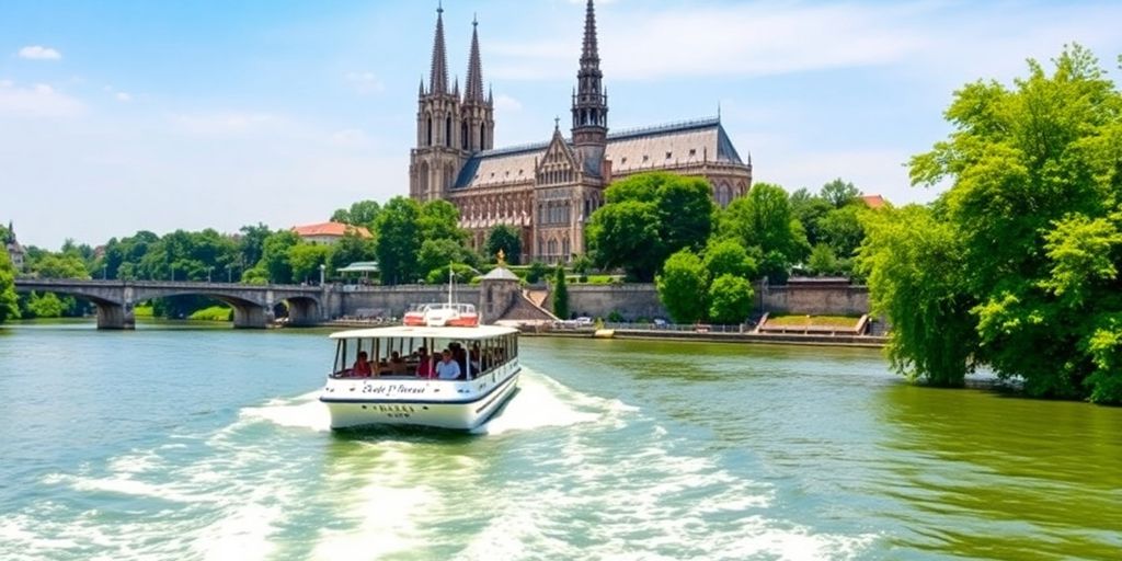 Bootsfahrt auf dem Rhein mit Kölner Dom im Hintergrund.